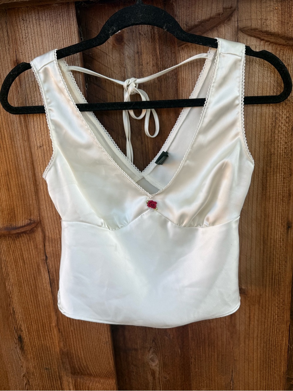 wild fable Cream Satin V-Neck Tank Top with Rose Accent